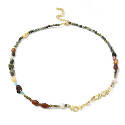 Real 18K Gold Plated Natural Topaz Jade & Tourmaline Chips & Pearl Beaded Necklace, Brass Jewelry, Cadmium Free & Lead Free, Real 18K Gold Plated, 14.65 inch(37.2cm)