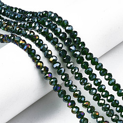 Темно-Зеленый Стеклянные бусины с гальваническим покрытием , с покрытием AB цвета, граненые, рондель, темно-зеленый, 6x5 мм, отверстие : 1 мм, около 85~88 шт / нитка, 16.1~16.5 дюйм (41~42 см)