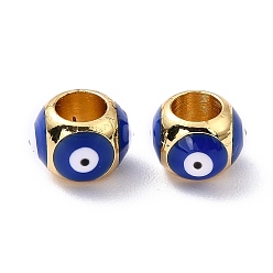 Dark Blue Real 18K Gold Plated Brass European Beads, with Enamel, Long-Lasting Plated, Round with Evil Eye, Dark Blue, 8x6mm, Hole: 4.5mm