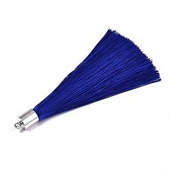 Bleu Grosses décorations de pendentif en pompon en fibre, avec accessoire de platine en laiton , bleu, 70~73x7~25mm, Trou: 1.8mm