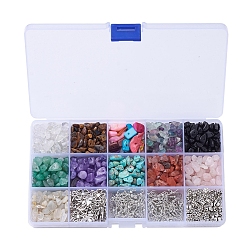 Mixed Stone DIY Jewelry Finding Kits, with Gemstone Chip Beads, Freshwater Shell Chips Beads, Tibetan Style Alloy Findings, Brass Jump Ring & Earring Hook, Iron Eye Pin & Head Pin, 17.4x10x2.15cm