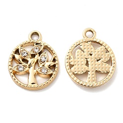 Golden UV Plating Alloy Pendants, with Crystal Rhinestone, Flat Round with Tree Charms, Golden, 18x15x2mm, Hole: 1.7mm