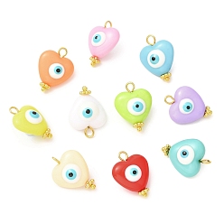 Golden Evil Eye Resin Pendants, Heart Charms with Brass Loops, Mixed Color, Golden, 19x13.8x9mm, Hole: 2mm