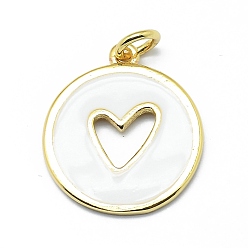 Blanc Laiton émail pendentifs, rond avec coeur découpé, réel 18 k plaqué or, plaqué longue durée, blanc, 18x15.5x1mm, trou: 3 mm, anneaux sautés: 5x0.7 mm