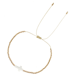White Glass Seed Beaded Bracelets, Religion Shell Cross Adjustable Bracelet for Women, White, 11 inch(28cm)