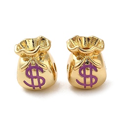 Violet Rack Plating Real 18K Gold Plated Brass Enamel Beads, Cadmium Free & Lead Free, Money Bag with Dollar Sign, Violet, 11x9x8.5mm, Hole: 2mm