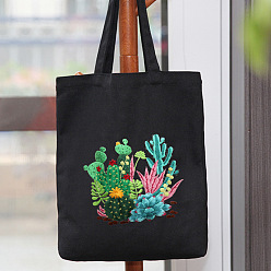 Negro Kit de bordado de bolsa de asas con patrón de cactus y plantas suculentas diy, incluyendo agujas de bordar e hilo, tela de algodón, aro de bordado de plástico, negro, 390x340 mm