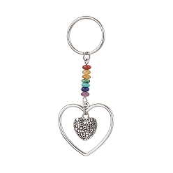 Heart Heart Alloy Pendant Keychain, with Chakra Gemstone Chip and Iron Split Key Rings, Heart, 7.4cm