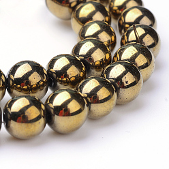 Light Gold Plated Non-magnetic Synthetic Hematite Beads Strands, Grade A, Round, Light Gold Plated, 6mm, Hole: 1.5~2mm, about 65~70pcs/strand