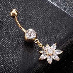 Clear Brass Cubic Zirconia Navel Ring, Belly Rings, with 304 Stainless Steel Bar, Cadmium Free & Lead Free, Real 18K Gold Plated, Flower, Clear, 38x16mm, Bar: 15 Gauge(1.5mm), Bar Length: 3/8"(10mm)