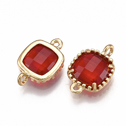 Red Glass Links connectors, with Brass Findings, Faceted, Square, Golden, Red, 14.5x9.5x3.5mm, Hole: 0.8~1.2mm
