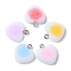 Mixed Color Opaque Resin Pendants, Druzy Heart Charms with Platinum Plated Iron Loops, Mixed Color, 18.5x17x7mm, Hole: 2mm