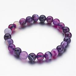Pourpre Agates rayées naturelles / bracelets extensibles avec perles d'agate, ronde, pourpre, 2-1/8 pouces (55 mm)