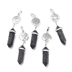 Lava Rock Natural Lava Rock Pointed Big Pendants, Double Terminated Pointed, with Platinum Plated Brass Findings, Faceted, Bullet, 59~67x14~15mm, Hole: 7x5mm, Gemstone: 41~44x8mm