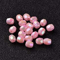 Pink AB Color Plated Eco-Friendly Poly Styrene Acrylic Beads, Faceted, Barrel, Pink, 4x4mm, Hole: 1mm, about 16666pcs/500g