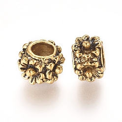 Antique Golden Cadmium Free & Nickel Free & Lead Free Alloy European Beads, Long-Lasting Plated, Large Hole Beads, Rondelle with Flower Pattern, Antique Golden, 10x7mm, Hole: 5mm