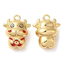 Real 18K Gold Plated Brass Pendants, with Enamel,  Nickel Free, Cow Charm, Real 18K Gold Plated, 15x12x8mm, Hole: 1.5mm