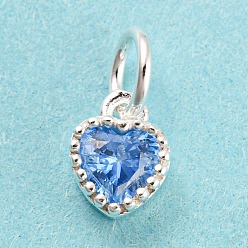 Aciano Azul 925 encantos de plata esterlina, con circonita, corazón facetado, plata, azul aciano, 7x5x3 mm, agujero: 3 mm