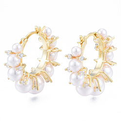 Golden ABS Plastic Pearl Beaded Hoop Earrings with Clear Cubic Zirconia, Brass Flower Earrings for Women, Nickel Free, Golden, 25.5x28x11mm, Pin: 1mm