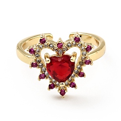 Roja Anillo de puño abierto con corazón de circonita cúbica, joyas de latón chapado en oro real 18k para mujer, sin plomo y cadmio, rojo, tamaño de EE. UU. 6 (16.5 mm)