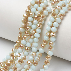 Cyan Clair Galvanoplastie opaques couleur unie perles de verre brins, demi-plaqué, arc-en-ciel plaqué, facette, rondelle, cyan clair, 4x3mm, Trou: 0.4mm, Environ 123~127 pcs/chapelet, 16.5~16.9 pouce (42~43 cm)