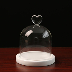 Blanc Couvercle de dôme en verre à haute teneur en borosilicate, vitrine décorative coeur, terrarium cloche cloche avec base en bois, blanc, 100x130mm