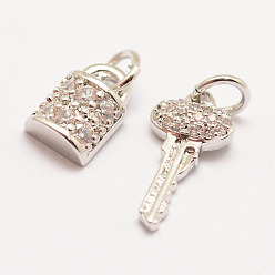 Real Platinum Plated Brass Micro Pave Grade AAA Cubic Zirconia Charms, Long-Lasting Plated, Key and Padlock, Cadmium Free & Nickel Free & Lead Free, Real Platinum Plated, 14x7x3mm & 9x6x4mm, Hole: 3mm