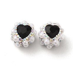 Jet Polymer Clay Rhinestone Beads, with Imitation Pearl, Heart, Jet, 17.5x17x14mm, Hole: 1.6mm