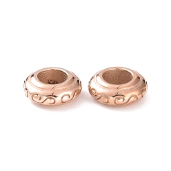 Rose Gold Ion Plating(IP) 304 Stainless Steel European Beads, Large Hole Beads, Rondelle with Floral Pattern, Rose Gold, 9x3.5mm, Hole: 4mm