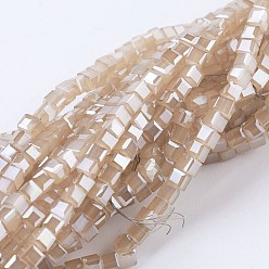 Brown Electroplate Glass Beads Strands, Imitation Jade, Half Rainbow Plated, Faceted, Cube, Brown, 2~2.5x2~2.5x2~2.5mm, Hole: 0.5mm, about 195~200pcs/strand, 16.9~17.5 inch(43~44.5cm)