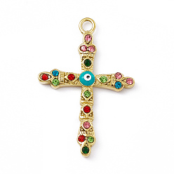 Colorful Vacuum Plating 201 Stainless Steel Enamel Pendants, with Rhinestone, Real 18K Gold Plated, Cross with Evil Eye Charms, Colorful, 40x26.5x4mm, Hole: 2.7mm