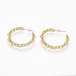Golden Semicircular Brass Cable Chain Stud Earrings, Half Hoop Earrings, with 925 Sterling Silver Pins and Plastic Ear Nuts, Long-Lasting Plated, Golden, 29.5x3.5mm, Pin: 0.7mm