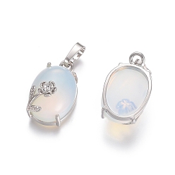 Opalite Opalite Pendants, with Platinum Tone Brass Findings, Oval with Flower, 22x13.8x10.3mm, Hole: 6x3.5mm