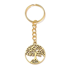 Golden Tibetan Style Alloy Pendant Keychain, with Iron & 304 Stainless Steel Findings, Ring with Tree of Life, Golden, 7.9cm