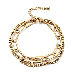 Golden Vacuum Plating 201 Stainless Steel Paper & Curb Chains Double Layered Multi-strand Bracelet for Women, Golden, 7-1/2 inch(19.2cm)