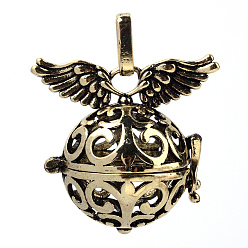 Antique Bronze Rack Plating Brass Cage Pendants, For Chime Ball Pendant Necklaces Making, Hollow Round with Wing, Antique Bronze, 30x31x21mm, Hole: 3.5x8mm, inner measure: 19mm