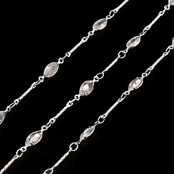 Silver Brass Horse Eye Link Chains, with Clear Cubic Zirconia Beaded, Unwelded, with Spool, Silver, 14x4.5x2mm