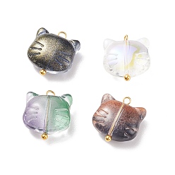 Mixed Color Glass Pendants, with Golden Plated Brass Ball Head Pins, Cat, Mixed Color, 15x14x6.5mm, Hole: 2mm