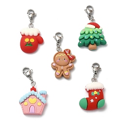Mixed Color Christmas Theme Resin Pendant Decoration, with 304 Stainless Steel Lobster Claw Clasps, Gingerbread Man/Tree/House/Gloves/Christmas Socking, Mixed Color, 39~40mm