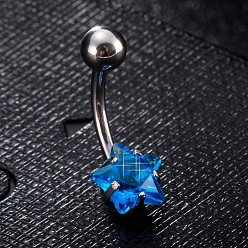 Blue Piercing Jewelry, Brass Cubic Zirciona Navel Ring, Belly Rings, with 304 Stainless Steel Bar, Lead Free & Cadmium Free, Star, Blue, 20mm, Star: 8mm, Bar: 15 Gauge(1.5mm), Bar Length: 3/8"(10mm)