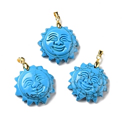 Synthetic Turquoise Synthetic Turquoise Pendants, with Golden Tone Brass Findings, Lead Free & Cadmium Free, Sun with Smiling Face, 36x29~29.5x9.5mm, Hole: 4x5mm