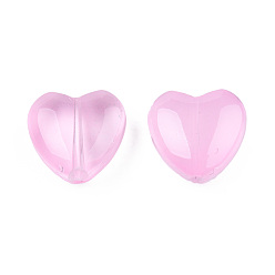 Rose Nacré Perles de verre peintes par pulvérisation transparent, cœur, perle rose, 12x12x5.5mm, Trou: 0.9~1mm
