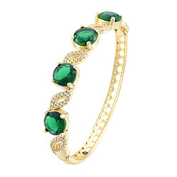 Green Cubic Zirconia Flat Round & Leaf Hinged Bangle, Real 18K Gold Plated Brass Jewelry for Women, Green, Inner Diameter: 2x2-3/8 inch(5.2x6cm)
