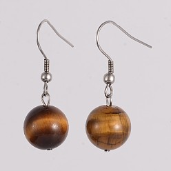 Tiger Eye Round 304 Stainless Steel Natural Tiger Eye Dangle Earrings, 35mm, Pin: 0.8mm