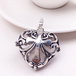 Antique Silver Tibetan Style Brass Bead Cage Pendants, for Chime Ball Pendant Necklaces Making, Hollow, Heart with Cross Charm, Antique Silver, No Size