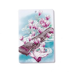 Old Rose Embossed Flower Printed Acrylic Pendants, Rectangle Charms with Musical Instruments Pattern, Old Rose, 45x30x2.3mm, Hole: 1.6mm