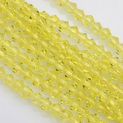 Yellow Bicone Glass Beads Strands, Faceted, Yellow, 4x4mm, Hole: 1mm, about 92~96pcs/strand, 13.78~14.37 inch