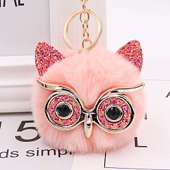 Misty Rose Pom Pom Ball Keychain, with KC Gold Tone Plated Alloy Lobster Claw Clasps, Iron Key Ring and Chain, Owl, Misty Rose, 12cm