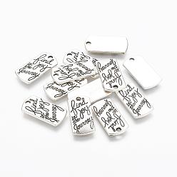 Antique Silver Tibetan Style Alloy Rectangle Pendants, with Words Find Joy in the Journey, Cadmium Free & Lead Free, Antique Silver, 21x10.5x2mm, Hole: 2mm, about 561pcs/1000g
