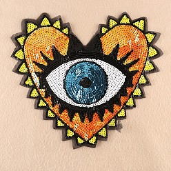 Orange Computerized Embroidery Cloth Sew On Patches, Costume Accessories, Paillette Appliques, Heart with Eye, Orange, 31x35cm
